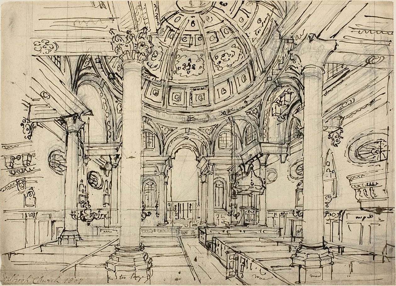 Studie für die Walbrook-Kirche (recto); Skizzen von Segelbooten, Männern und Dinghies (verso) von Augustus Charles Pugin