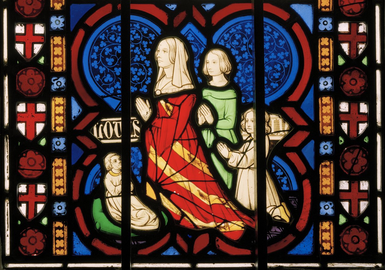 Pugins zweite Frau Louisa mit ihrer Stieftochter Anne und ihren beiden Töchtern Agnes und Katherine, Ostfenster der Kapelle von Augustus Welby Northmore Pugin