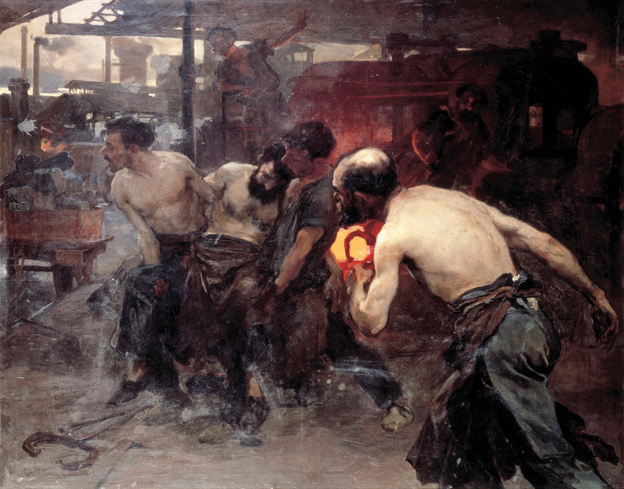 Arbeitsunfall Ein Arbeiter in einer Fabrik wird von einer der Maschinen verletzt und von seinen Kollegen transportiert (Gemälde) von Aurelio Arteta Errasti