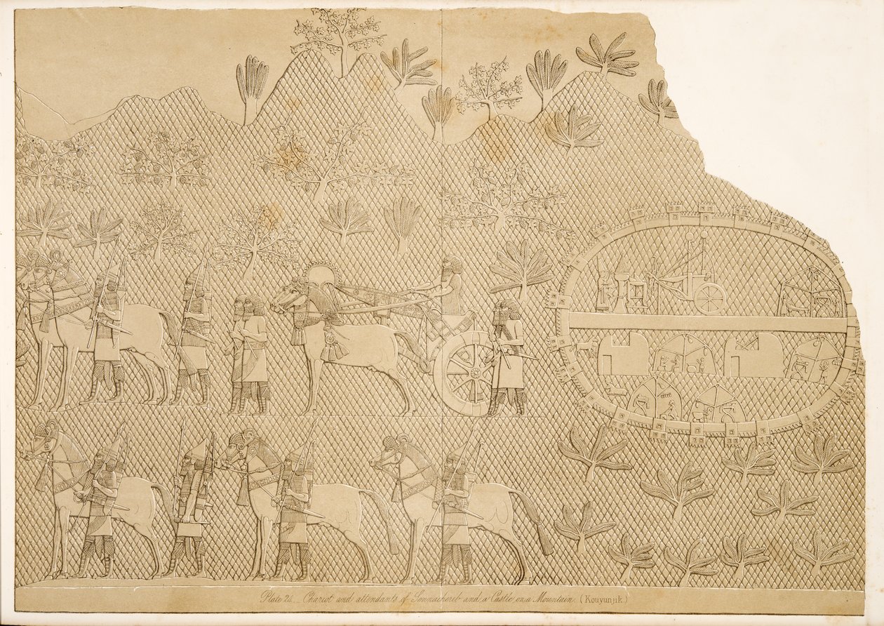 Streitwagen und Begleiter von Sanherib und eine Burg auf einem Berg (Kouyunjik), aus Denkmäler von Ninive, veröffentlicht 1849 von Austen Henry Layard