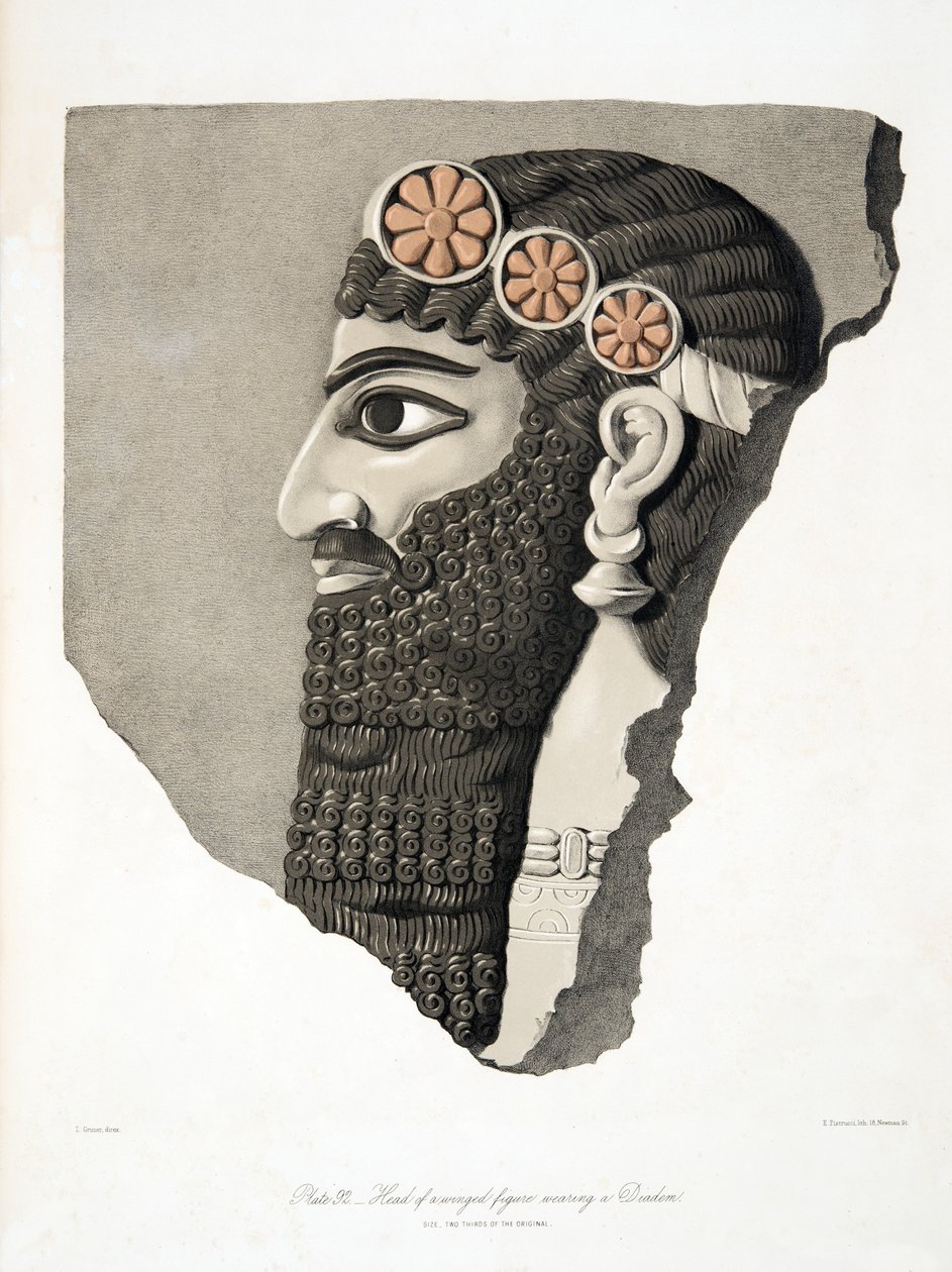 Kopf einer geflügelten Figur mit Diadem, aus Denkmäler von Ninive, veröffentlicht 1849 von Austen Henry Layard