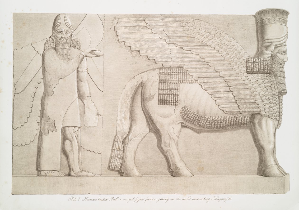 Menschenköpfiger Stier und geflügelte Figur von einem Tor im Mauerwerk um Kouyunjik [Quyunjik], 1853 von Austen Henry Layard