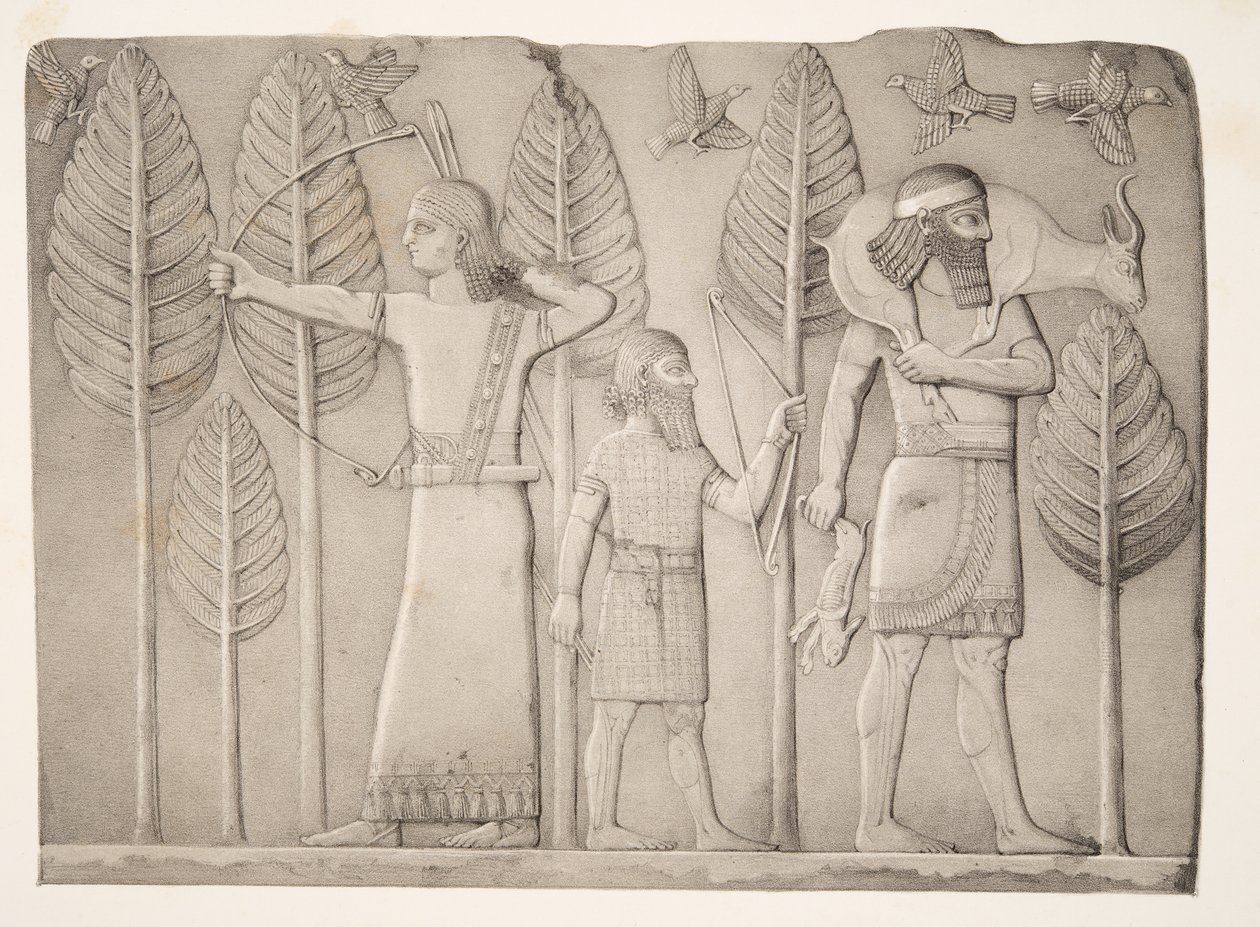 Jäger mit Gazelle, Hase und Vögeln (Khorsabad), aus Denkmäler von Ninive, veröffentlicht 1849 von Austen Henry Layard