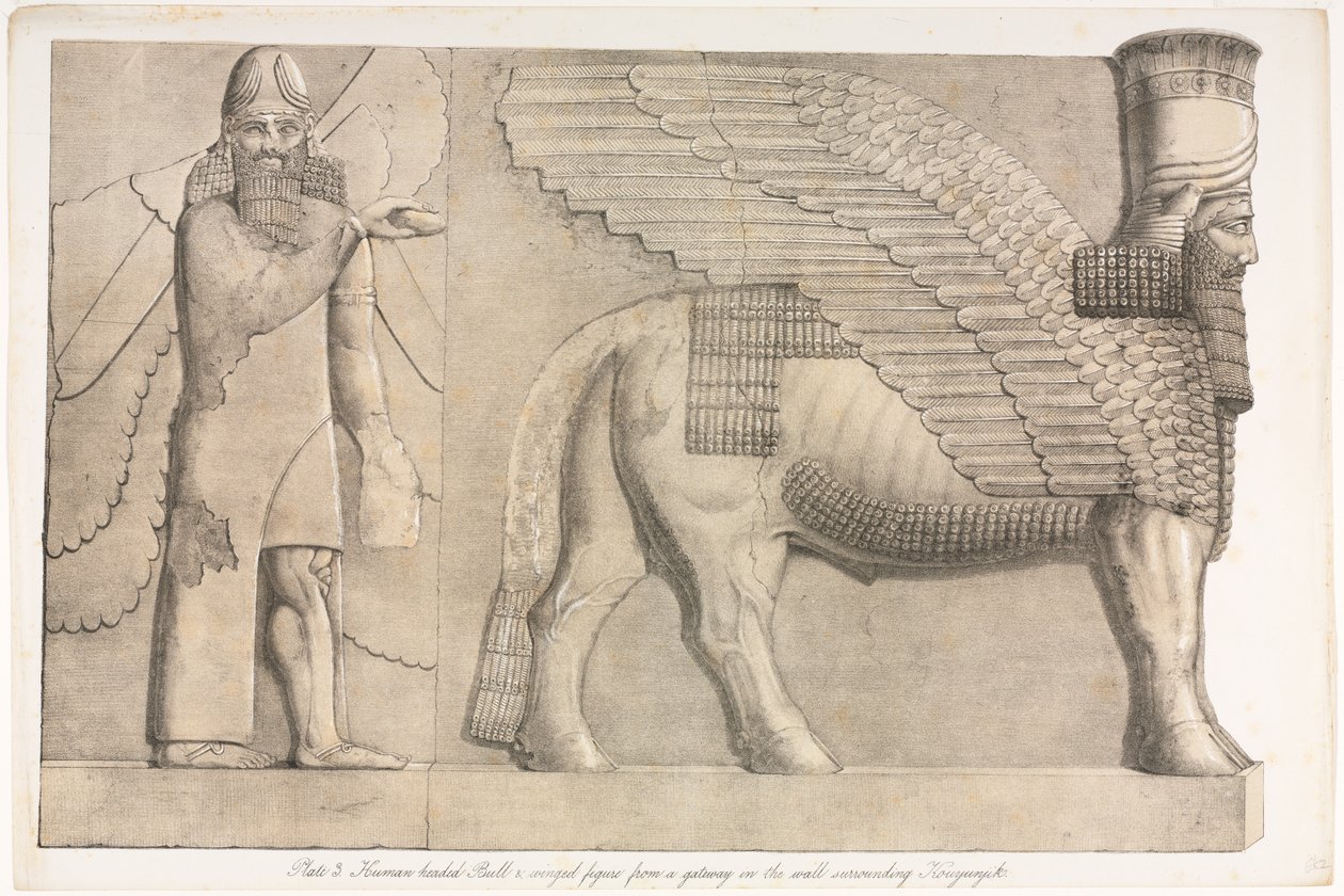 Denkmäler von Ninive: Tafel 3, Menschlicher Stierkopf und geflügelte Figur von einem Tor im Mauerwerk um Kouyunjik (Quyunjik) von Austen Henry Layard