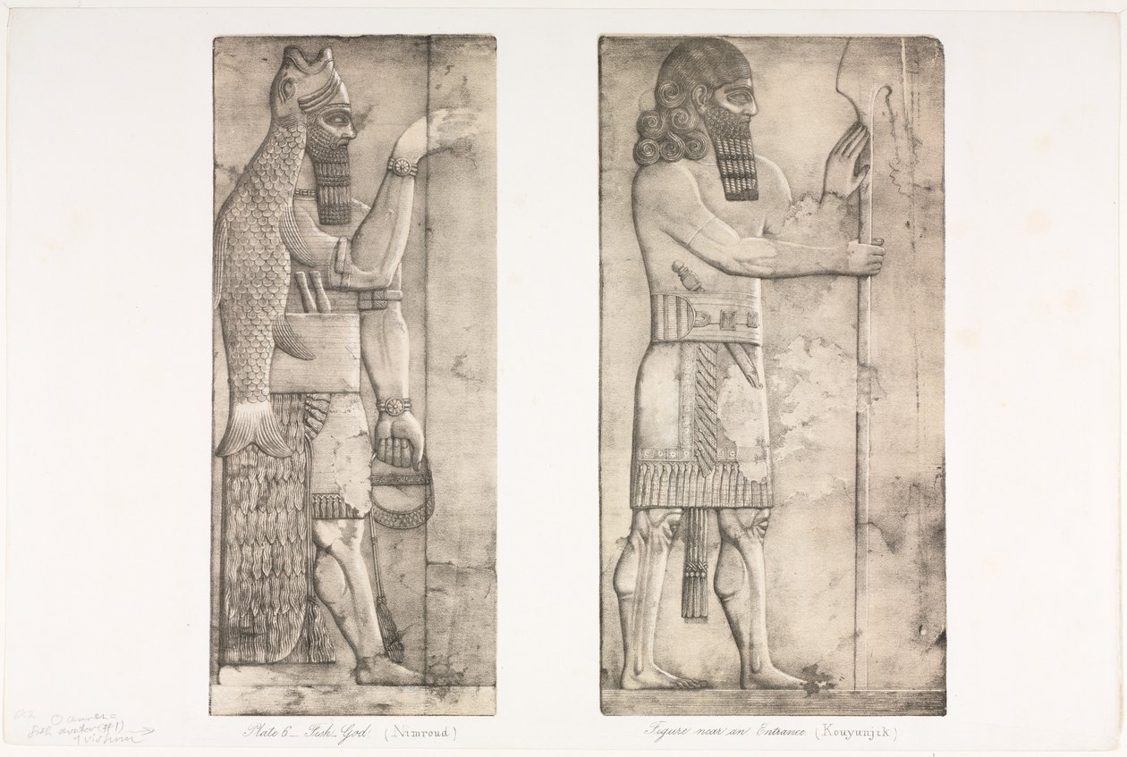 Denkmäler von Ninive: Platte 6, Fischgott Nimroud, Figur nahe einem Eingang Kouyunjik, 1853 von Austen Henry Layard