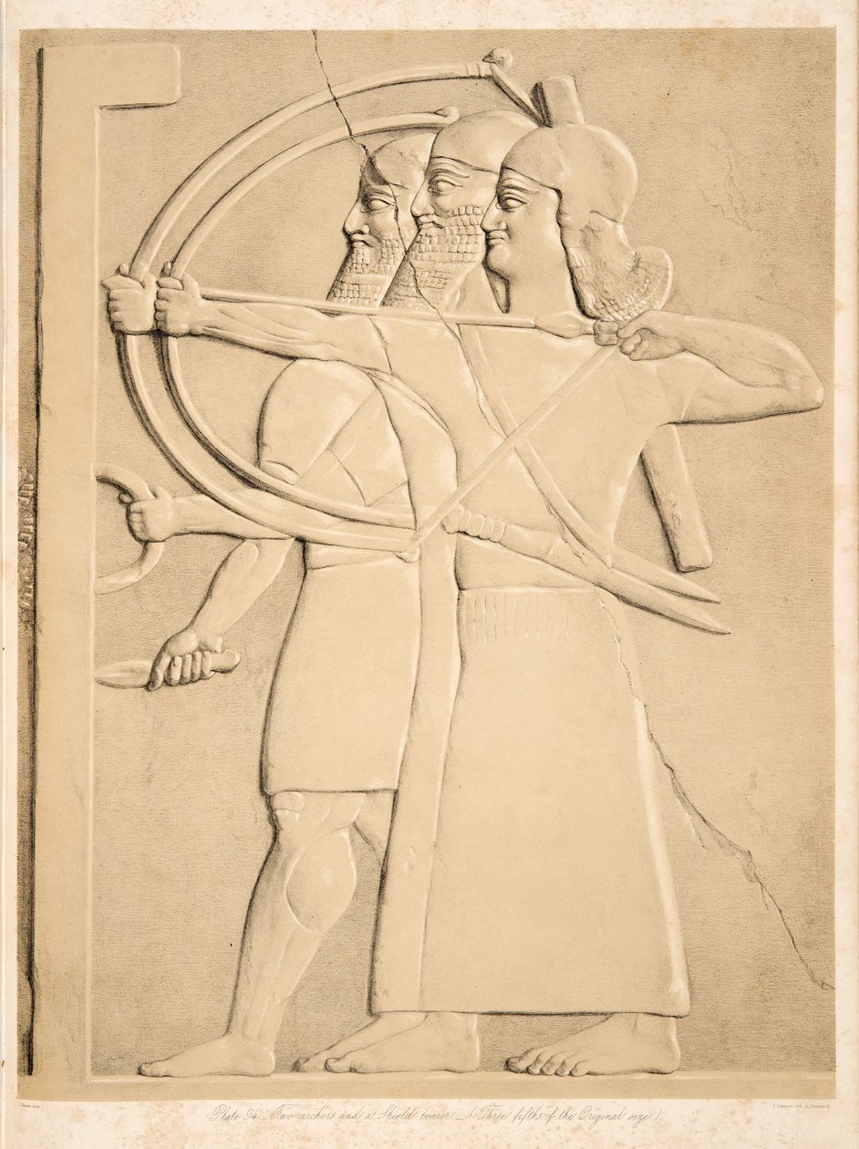 Zwei Bogenschützen und ein Schildträger, aus Denkmäler von Ninive, veröffentlicht 1849 von Austen Henry Layard