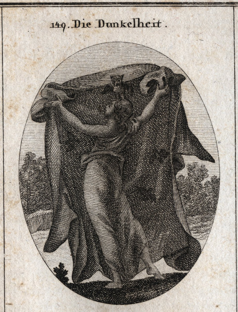 Allegorie der Dunkelheit. Sie breitet einen dunklen Schleier aus, mit dem sie das Eindringen von Licht verhindert. Ihre Attribute sind die Eule und andere Nachtvögel. Gravur in „Iconologie oder Ideen aus dem Gebiete der Leidenschaften und Allegorien bildli von Austrian School