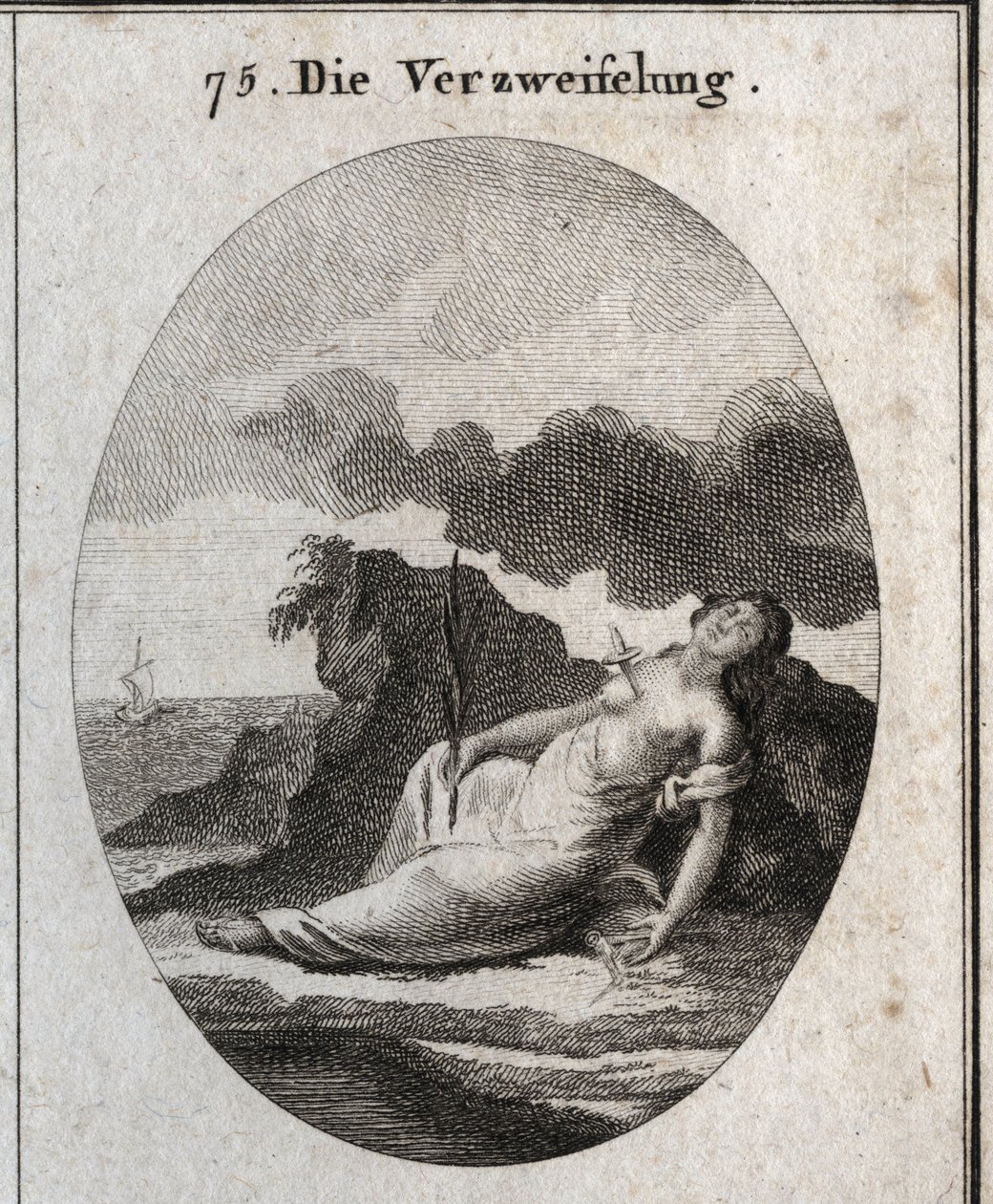 Allegorie der Verzweiflung, die einen Dolch in der Brust und einen Zweig Zypresse in der Hand darstellt (Baum, der einst die Gräber schmückte). Der Kompass ist das Emblem der Unordnung des Denkens. Gravur in „Iconologie oder Ideen aus dem Gebiete der Leide von Austrian School