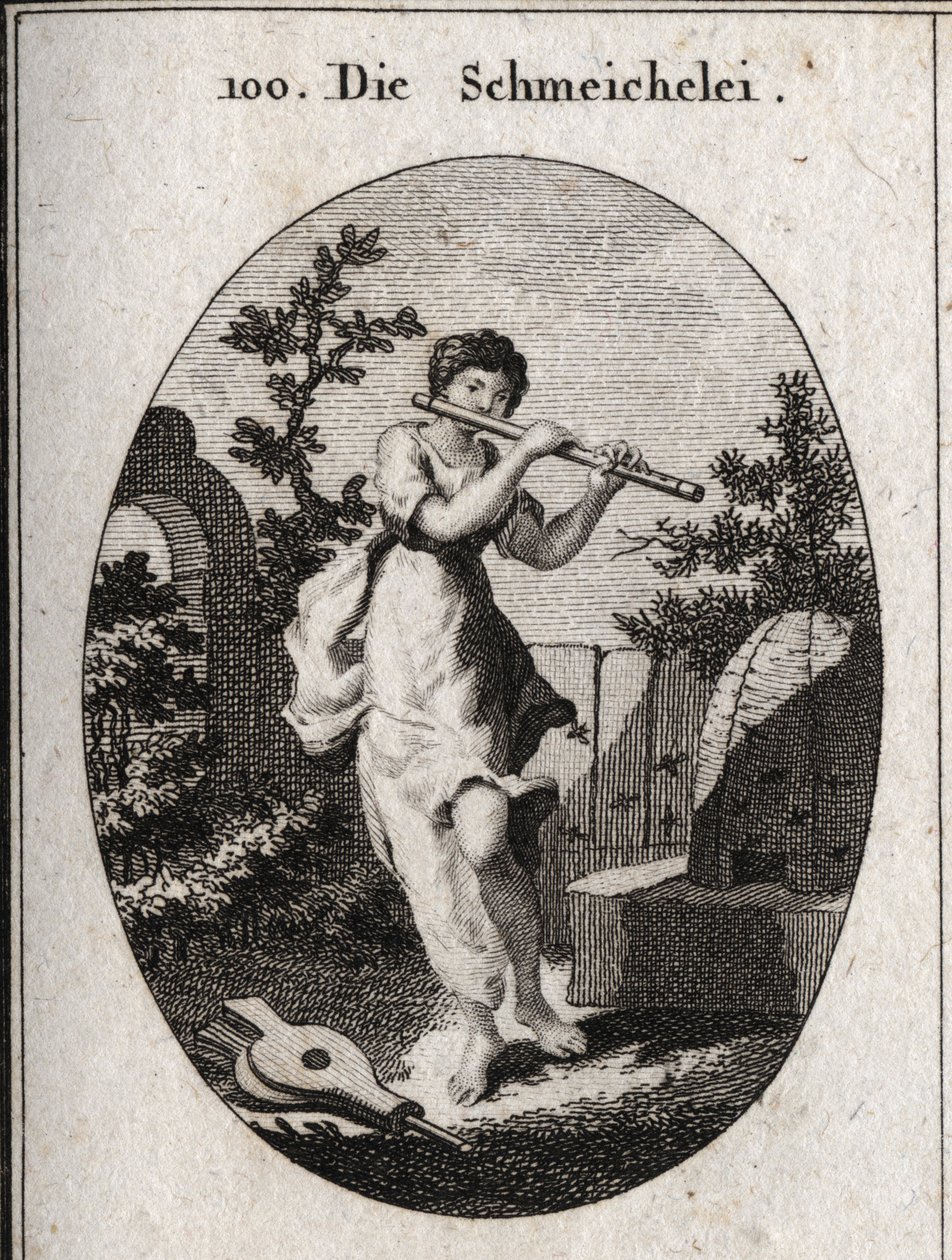 Allegorie der Schmeichelei, die Flöte spielt, um zu zeigen, dass sie sich durch die Süße ihrer Worte einschmeicheln will. Ihr Attribut ist die Biene (für die Süße des Honigs und das Gift des Stachels) und der Blasebalg (Schmeichelei entfacht das Feuer der  von Austrian School