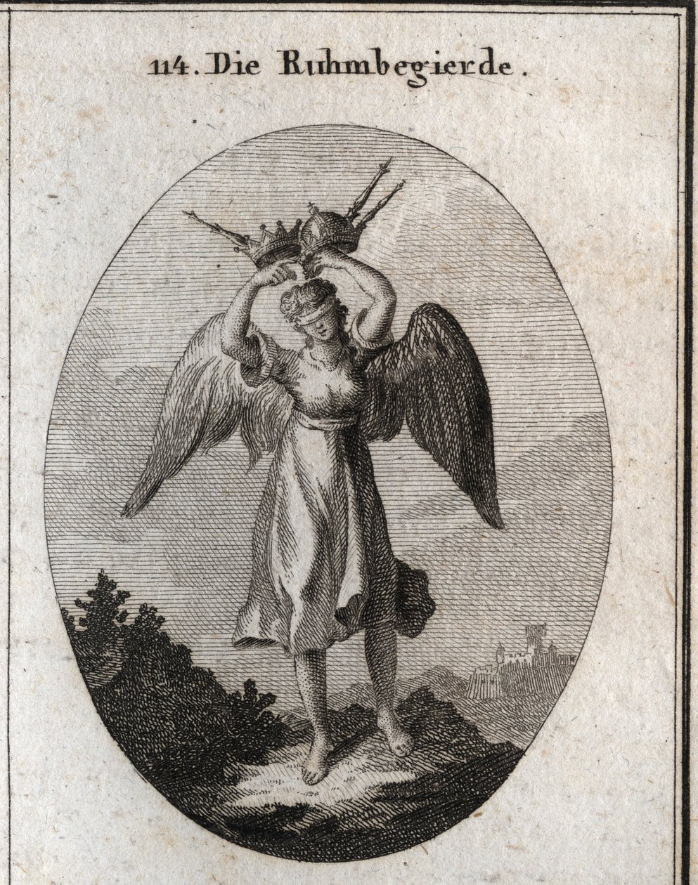 Allegorie des Ehrgeizes. Ihre Flügel zeigen ihre Neigung zum Aufstieg und ihre Kühnheit wird durch verschiedene Arten von Kronen und Zeptern dargestellt. Die Augenbinde unterstreicht ihren Mangel an Urteilsvermögen und ihre Blindheit gegenüber allem, was s von Austrian School