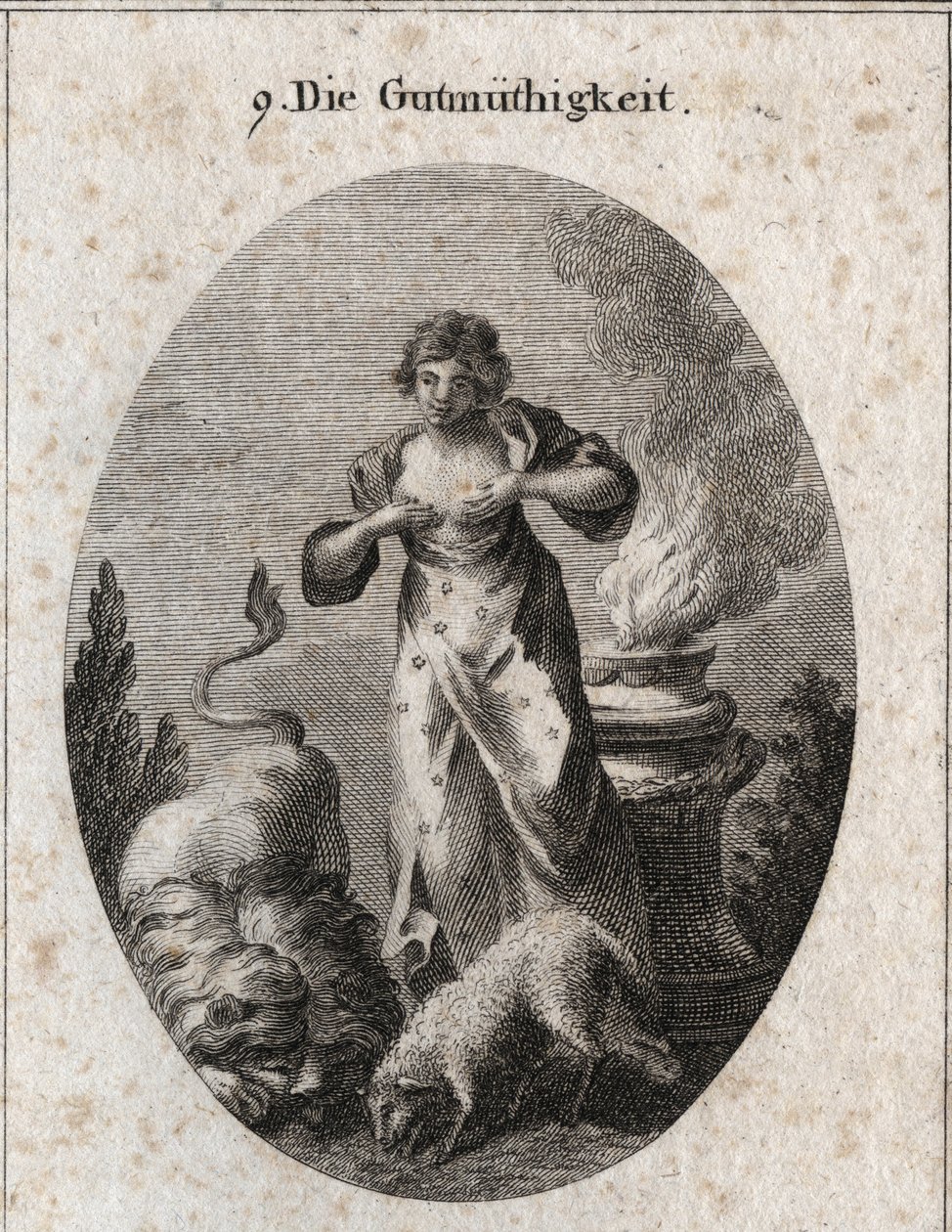 Allegorie der Güte, die gleichzeitig ein Lamm und einen Löwen stillt, was die Gleichheit von Schwachen und Starken symbolisiert. Das Feuer auf dem Altar deutet auf religiöse Gefühle hin. Gravur in „Iconologie oder Ideen aus dem Gebiete der Leidenschaften u von Austrian School