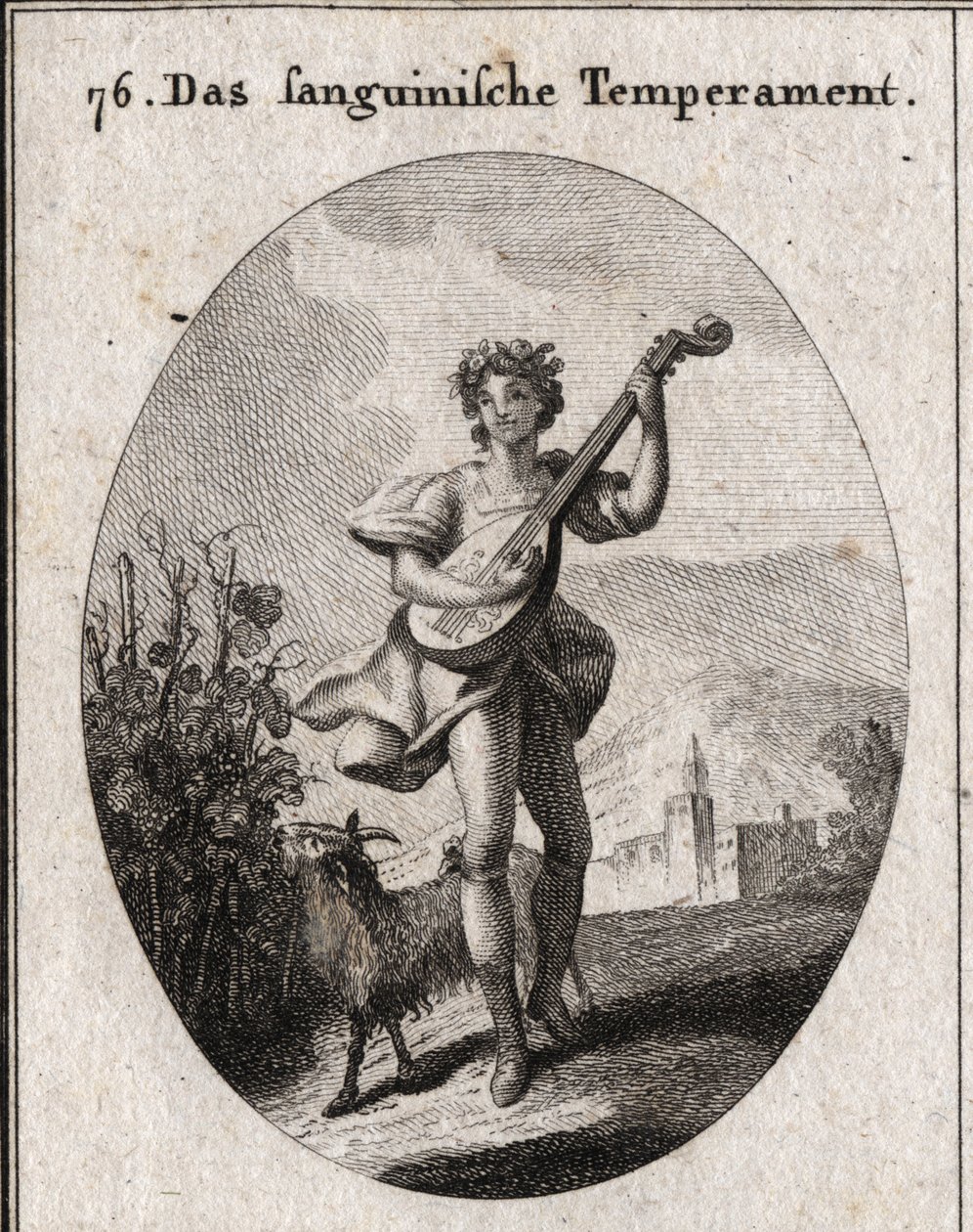 Allegorie des sanguinischen Temperaments. Die Ziege, die Trauben frisst, zeigt, dass das Blut zu den Freuden der Liebe und des Bacchus gebracht wird. Gravur in „Iconologie oder Ideen aus dem Gebiete der Leidenschaften und Allegorien bildlich dargestellt fü von Austrian School