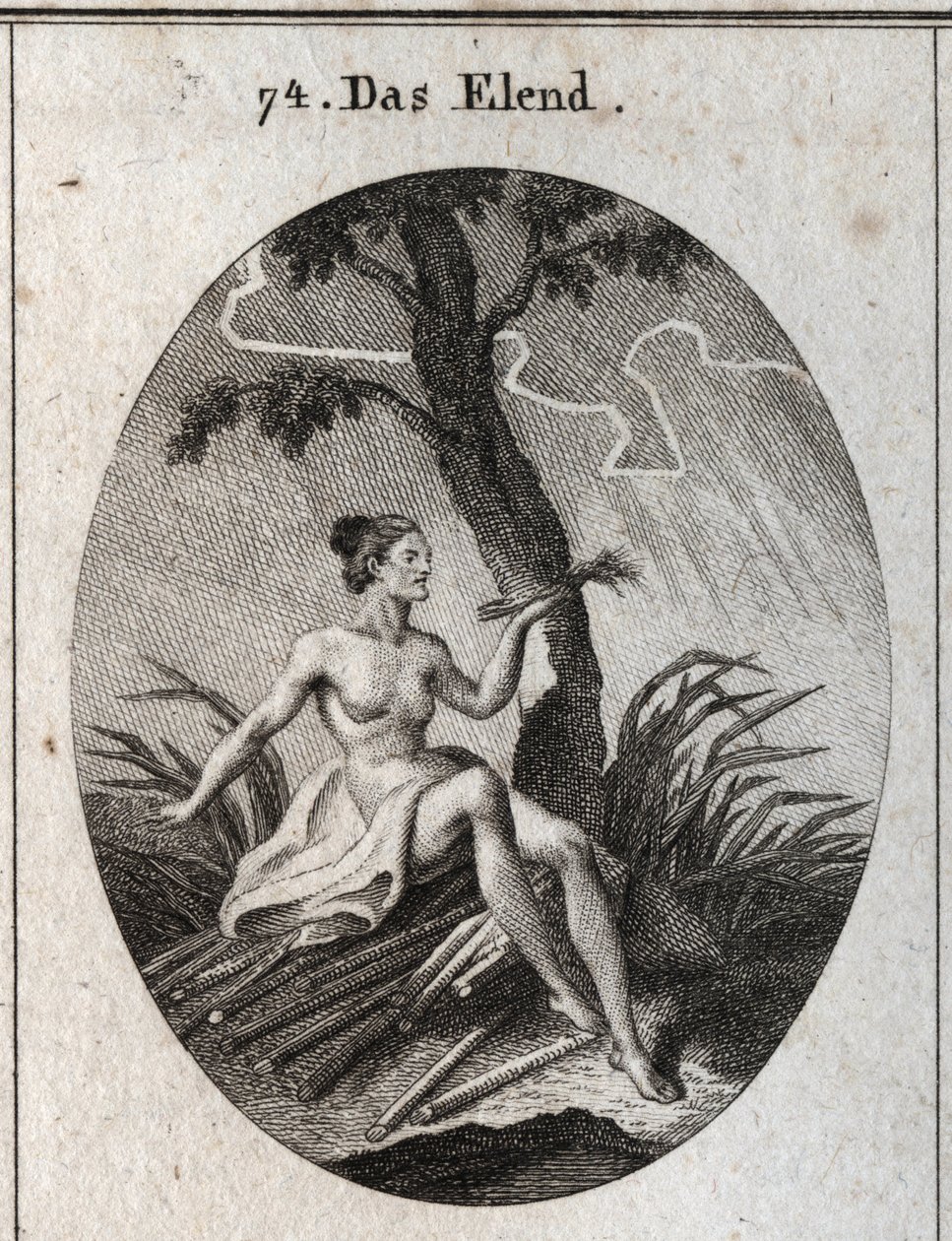 Allegorie des Unglücks. Sie sitzt auf Brisen, deren Fragilität das Bild der Instabilität des Glücks und der Elend des Lebens ist. Gravur in "Iconologie oder Ideen aus dem Gebiete der Leidenschaften und Allegorien bildlich dargestellt für Zeichner, Maler, D von Austrian School