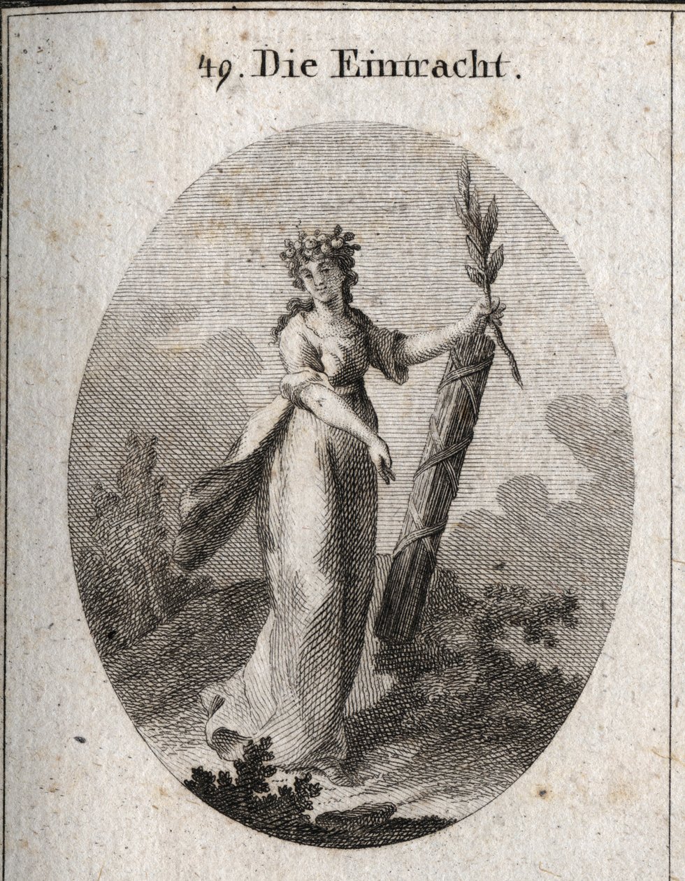 Allegorie der Eintracht, dargestellt mit einer Krone aus Granatäpfeln, dem Emblem der Vereinigung. Der Olivenzweig ist ein Symbol des Friedens und das eng zusammengebundene Bündel von Stäben zeigt die Macht vereinter Kräfte. Gravur in „Iconologie oder Idee von Austrian School