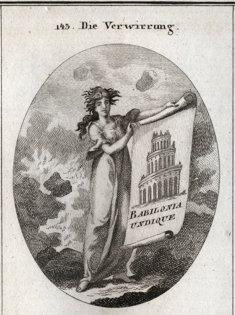 Allegorie der Verwirrung, die eine Zeichnung hält, die den Turm von Babel darstellt, mit dem Wort "Babylonia Undique". Der Hintergrund stellt Chaos dar und ihr Haar passt nicht zur Instabilität ihrer Fantasien. Gravur in "Iconologie oder Ideen aus dem Gebi von Austrian School
