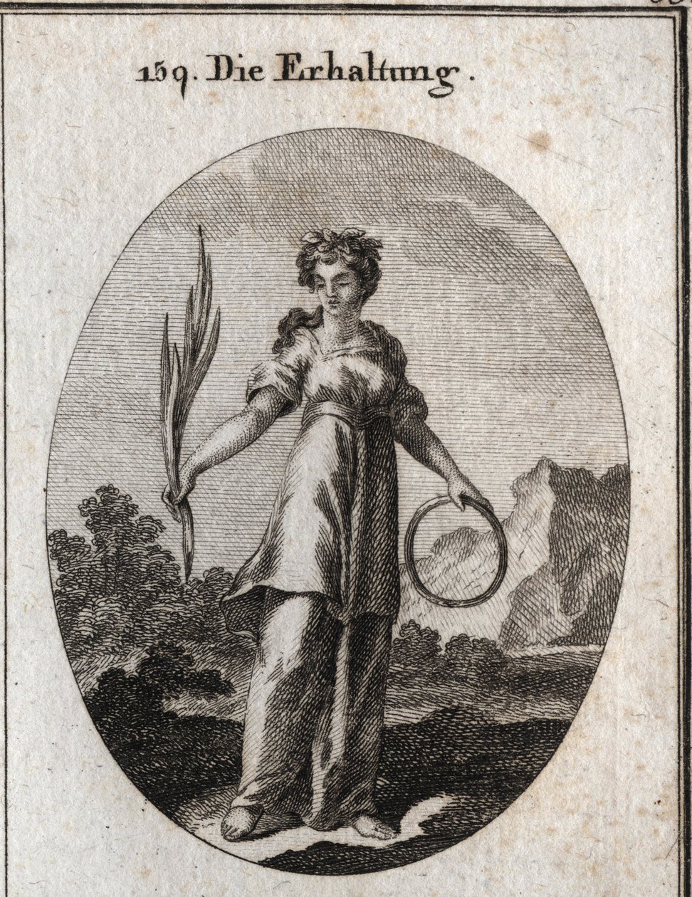 Allegorie der Konservierung. Der Zedernzweig ist unvergänglich, aber auch das Emblem der Konservierung und der Kreis das der kontinuierlichen Nachfolge. Sie trägt eine Krone aus aromatischen Pflanzen, die von den Ägyptern zur Konservierung der Toten verwen von Austrian School