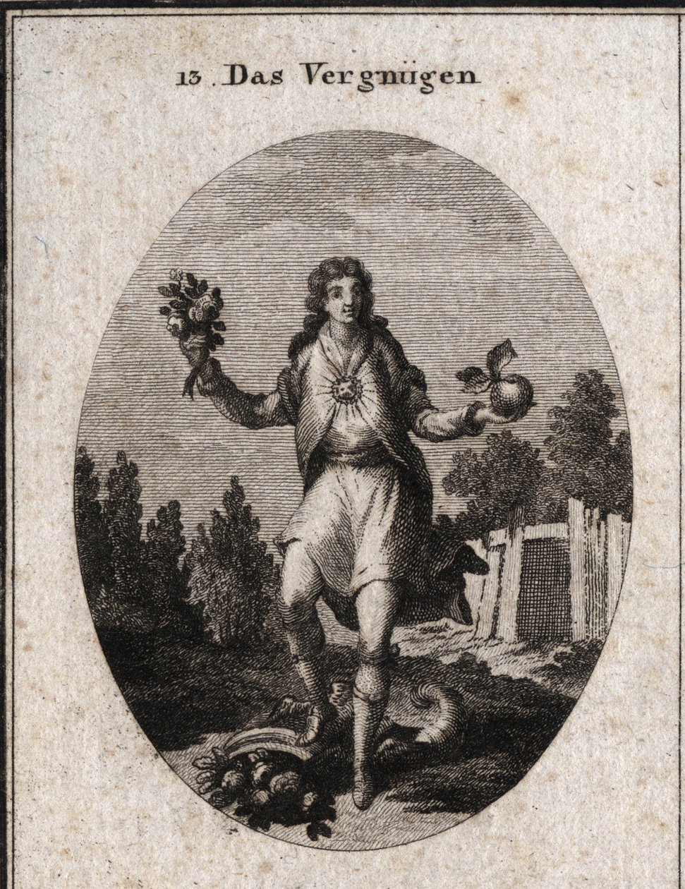 Allegorie der Zufriedenheit, dargestellt durch einen jungen Mann, der mit einer Hand einen goldenen Apfel und mit der anderen einen Blumenstrauß hält. Sie zeigen, dass alles, was ihn umgibt, an seiner Freude teilnimmt, die durch den Rubin auf seiner Brust  von Austrian School