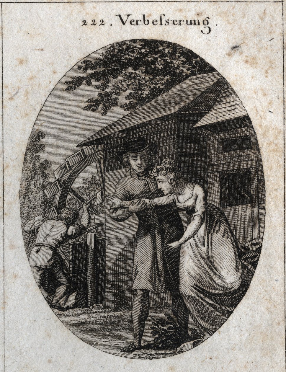 Allegorie der Korrektur. Ausdruck: In der Mühle und bei einer jungen Braut gibt es immer etwas zu tun. Gravur in „Iconologie oder Ideen aus dem Gebiete der Leidenschaften und Allegorien bildlich dargestellt für Zeichner, Maler, Dichter, Gelehrte“ von Austrian School
