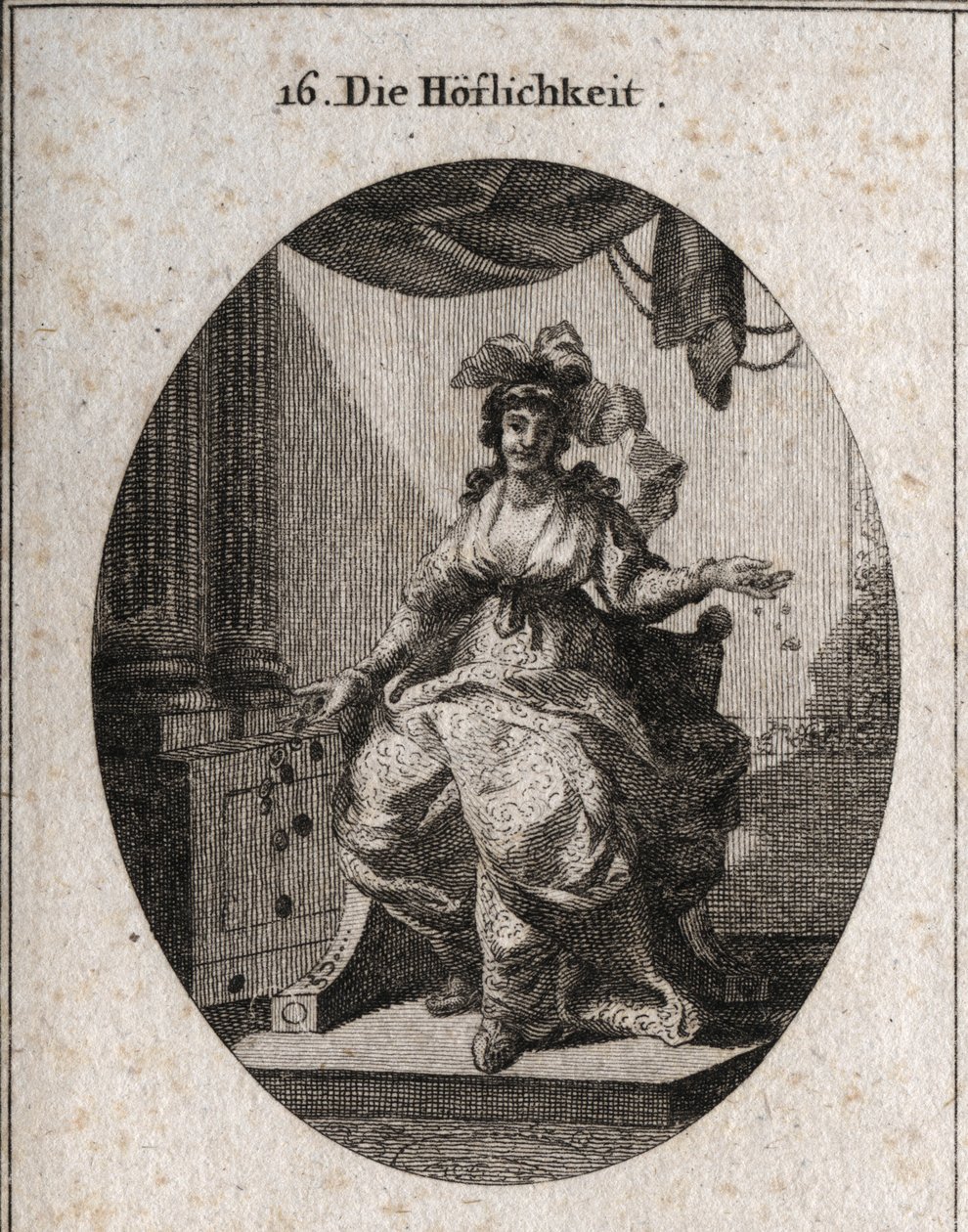 Allegorie der Höflichkeit, dargestellt durch eine wohlhabende, anmutige und lächelnde Frau, die Geld und Schmuck verteilt. Gravur in „Iconologie oder Ideen aus dem Gebiete der Leidenschaften und Allegorien bildlich dargestellt für Zeichner, Maler, Dichter, von Austrian School