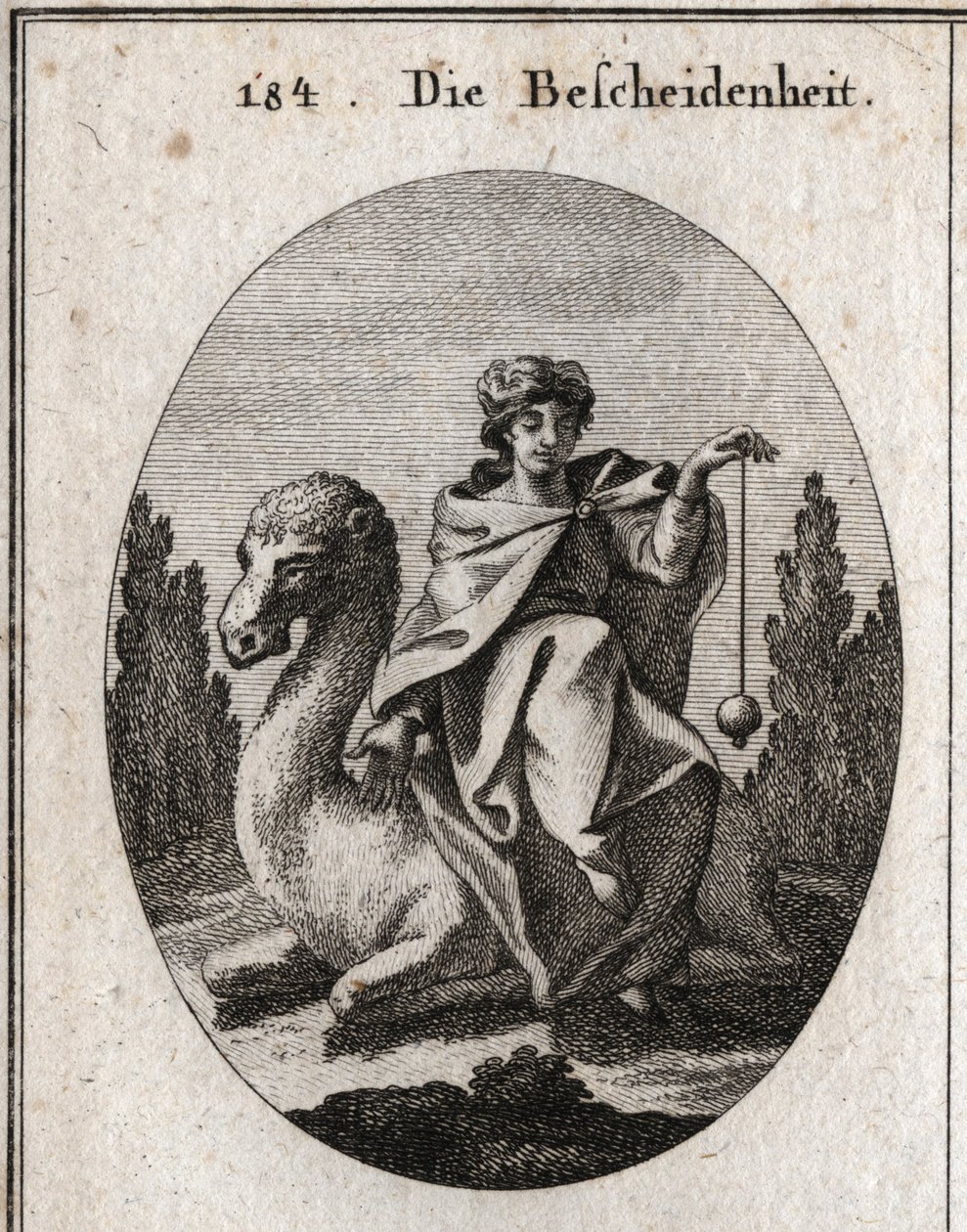 Allegorie der Diskretion. Das Lot, das sie senkrecht hält, ist das Attribut der Korrektheit. Sie sitzt auf einem knienden Kamel, um ihre Fahrt zu erleichtern. Gravur in „Iconologie oder Ideen aus dem Gebiete der Leidenschaften und Allegorien bildlich darge von Austrian School