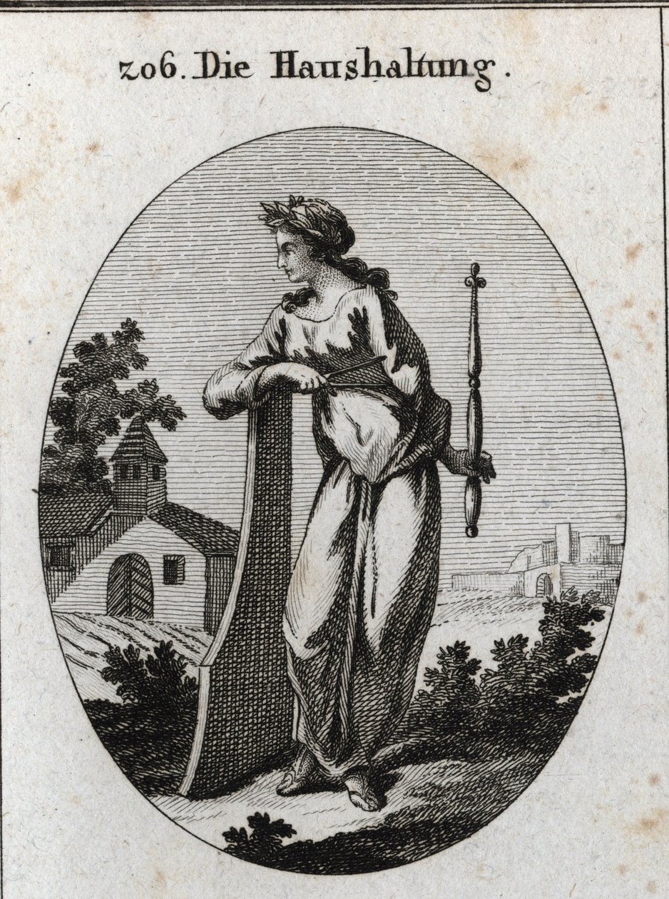 Allegorie der Wirtschaft. Sie ist mit einem Olivenzweig gekrönt, der den Frieden symbolisiert. Sie lehnt sich an ein Ruder und hält ein Zepter und einen Kompass, Embleme der Macht und der genauen Regierung. Gravur in „Iconologie oder Ideen aus dem Gebiete  von Austrian School