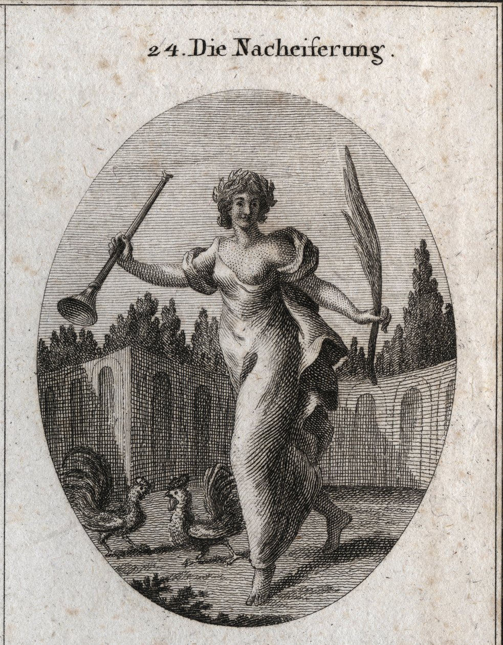 Allegorie der Nachahmung. Die Trompete und die Palme symbolisieren die Belohnung, die dem Verdienst zugeschrieben wird. Die Attribute sind zwei Hähne, die bereit sind zu kämpfen. Gravur in „Iconologie oder Ideen aus dem Gebiete der Leidenschaften und Alleg von Austrian School