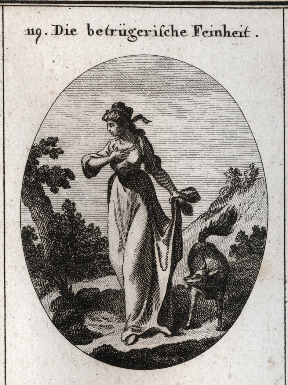 Allegorie der Finesse, die dazu neigt zu täuschen. Sie wird dargestellt mit einer Hand auf ihrer Brust und der anderen hinter ihrem Rücken, die einen Fuchs hält, das Symbol der Täuschung. Gravur in „Iconologie oder Ideen aus dem Gebiete der Leidenschaften  von Austrian School