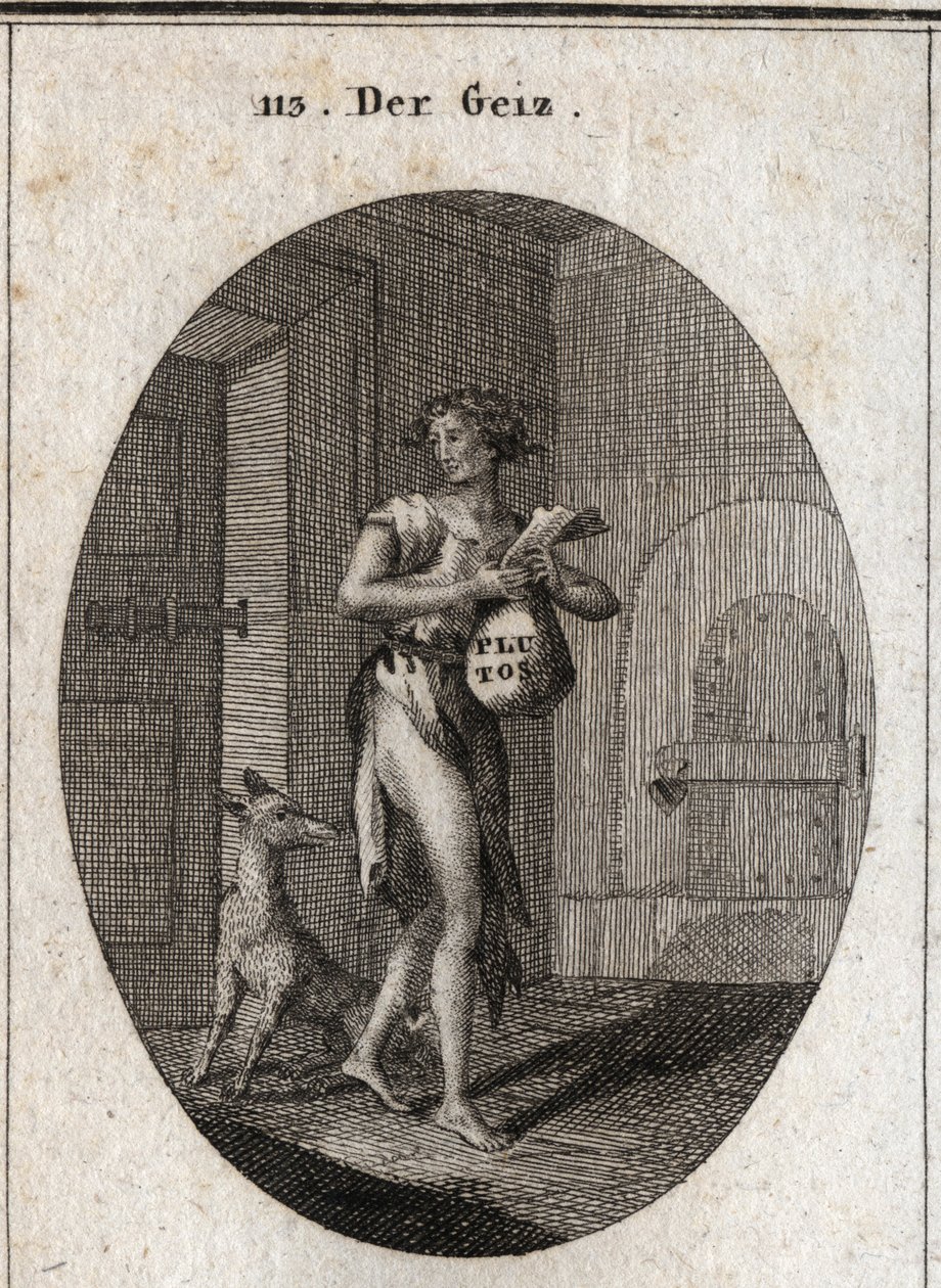 Allegorie der Gier, dargestellt in Lumpen mit einer Goldkette, die ihm als Gürtel dient, was betont, dass der Besitz von Eigentum ihn zum Sklaven macht, bis er die Notwendigkeiten verweigert. Auf der Börse steht der Name Pluto, Gott des Reichtums in der My von Austrian School