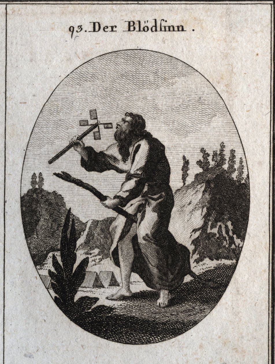 Allegorie der Imbezilität oder Demenz, dargestellt durch einen alten Mann auf einem Schilfrohr, Attribut der Fragilität und des Alters. Er hält eine Kartenmühle, die er bläst, um sie zu drehen. Gravur in „Iconologie oder Ideen aus dem Gebiete der Leidensch von Austrian School