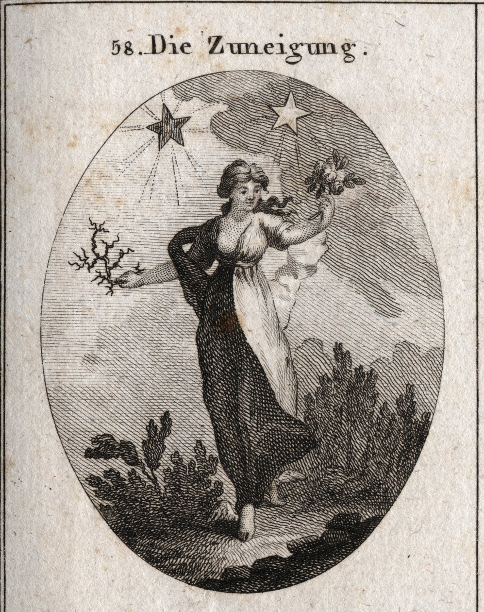 Allegorie der Neigung. Sie hält einen Strauß Rosen und einen Strauß Dornen und sieht unentschlossen in ihrer Wahl aus. Hinter ihr ein heller und wohltuender Stern (der von Jupiter) und ein dunkler und schädlicher Stern (der von Saturn). Gravur in „Iconolog von Austrian School