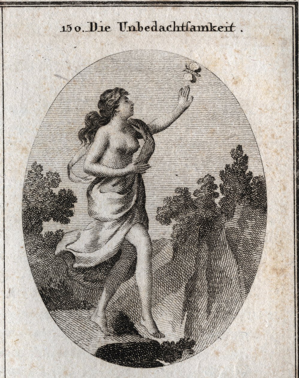 Allegorie der Unüberlegtheit. Sie geht und schaut auf einen Schmetterling, ohne zu sehen, dass ein Abgrund vor ihren Füßen ist. Der Zirkel und die Lineale zeigen, dass sie keine Maße kennt oder einhält. Gravur in "Iconologie oder Ideen aus dem Gebiete der  von Austrian School