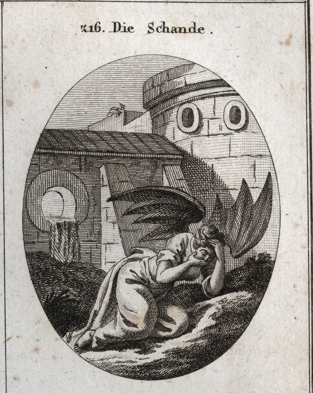 Allegorie der Schande, die das Gesicht mit den Händen bedeckt und deren Attribute zwei große schwarze Fledermausflügel sind. Gravur in „Iconologie oder Ideen aus dem Gebiete der Leidenschaften und Allegorien bildlich dargestellt für Zeichner, Maler, Dichte von Austrian School