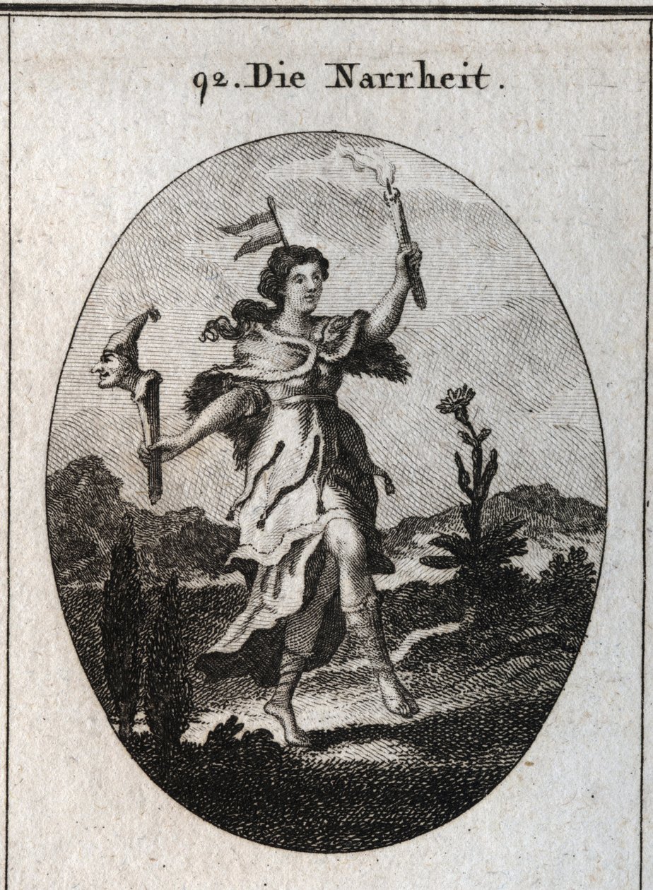 Allegorie des Wahnsinns. Der Bärenfellmantel begehrt den Wahnsinn, der Wut trägt, die Handlung des Tanzens betont diejenigen, die zur Fröhlichkeit neigen. Die Wetterfahne auf seinem Kopf markiert die Instabilität der Fantasien. Es kontrastiert das Licht ei von Austrian School