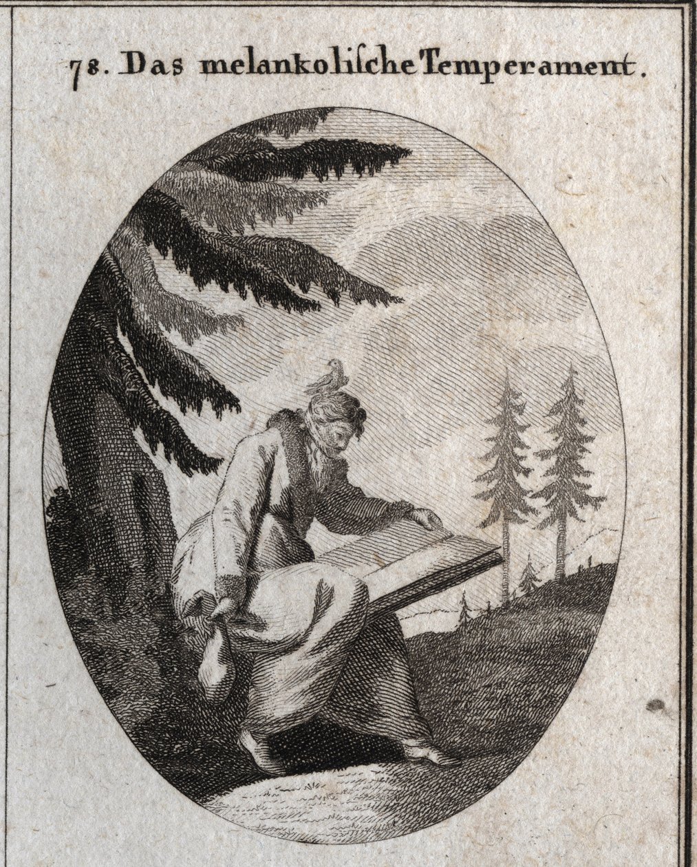 Allegorie des melancholischen Temperaments. Er hält ein Buch und eine Geldbörse und sein Mund ist mit einer Binde verschlossen. Ein Vogel sitzt auf seinem Kopf. Gravur in "Iconologie oder Ideen aus dem Gebiete der Leidenschaften und Allegorien bildlich dar von Austrian School