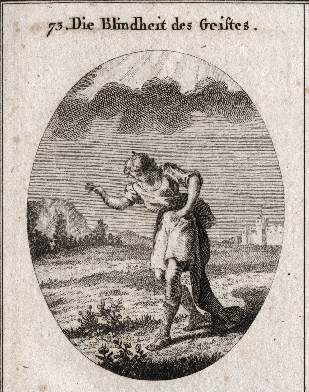 Allegorie der geistigen Blindheit. Ein junger Mann betrachtet die Blumen auf einer Wiese, die auf die Freuden der Erde anspielen, die die Seele erfüllen und sie ohne Nutzen beschäftigen. Eine Wolke verhindert, dass das Licht seinen Geist durchdringt. Gravu von Austrian School
