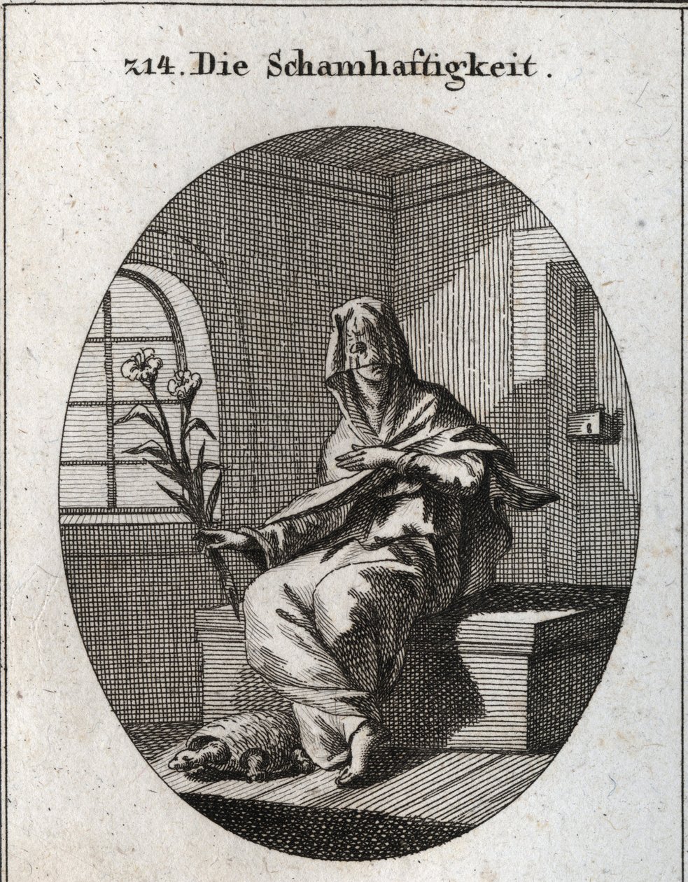Allegorie der Bescheidenheit. Ihr Symbol ist ein Lilienzweig und eine Schildkröte, die bedeutet, dass bescheidene Frauen aus ihren Häusern entfernt werden müssen. Ihr Gesicht ist von einem Schleier bedeckt. von Austrian School