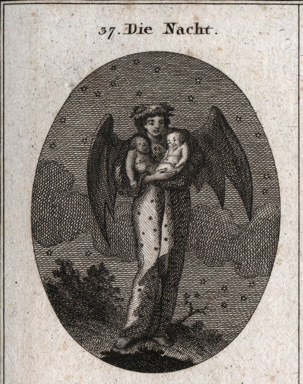 Allegorie der Nacht, dargestellt mit Fledermausflügeln. Sie hält zwei schlafende Kinder, eines weiß und das andere schwarz (Traum und Albtraum). Gravur in „Iconologie oder Ideen aus dem Gebiete der Leidenschaften und Allegorien bildlich dargestellt für Zei von Austrian School