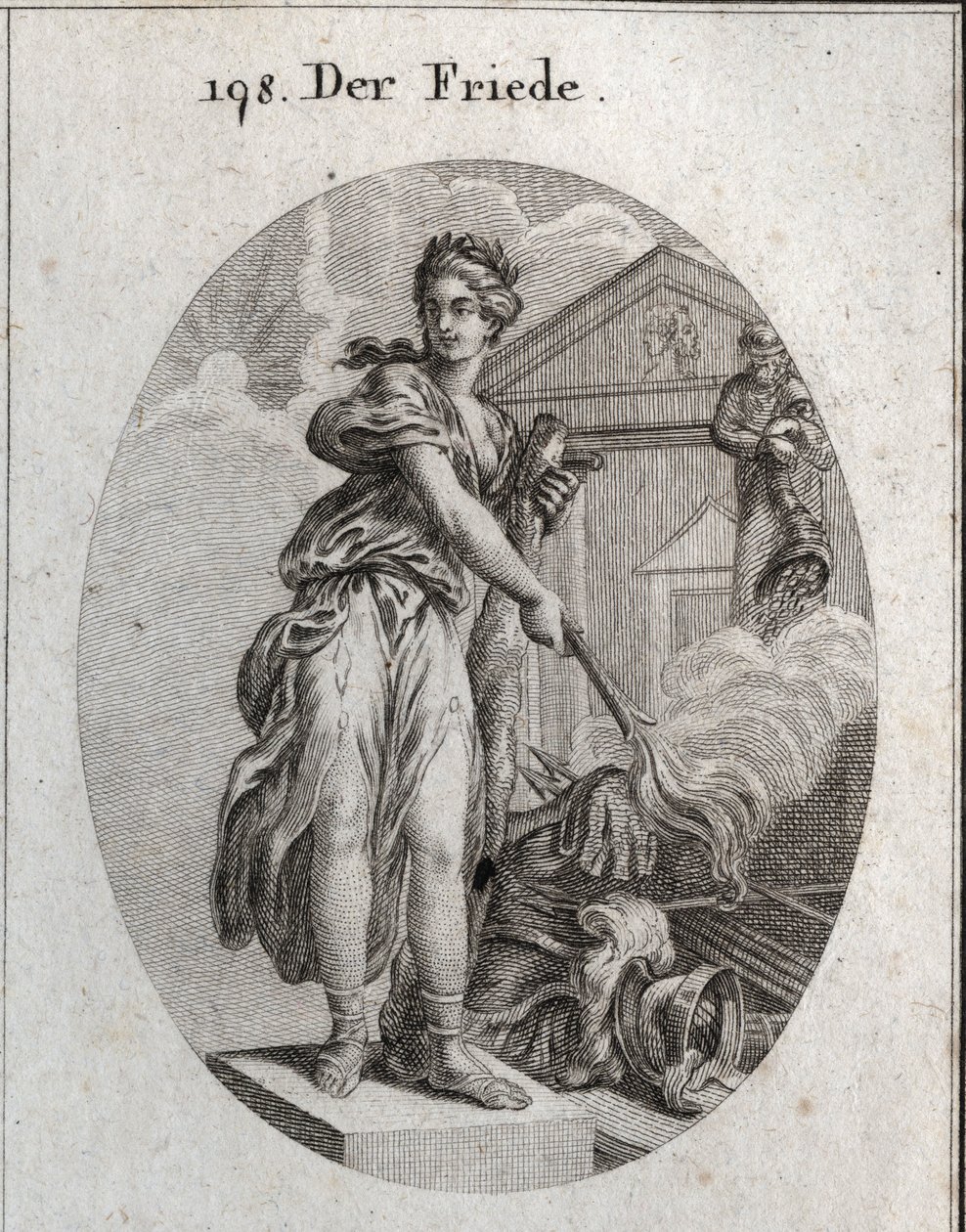 Allegorie des Friedens. Sie trägt einen Kranz aus Olivenbäumen und hält eine Keule, während sie mit einer Fackel eine Trophäe von Waffen verbrennt. Dahinter bedeutet die Statue von Plutus, dass Überfluss und Reichtum ihre Vorteile sind. Gravur in „Iconolog von Austrian School