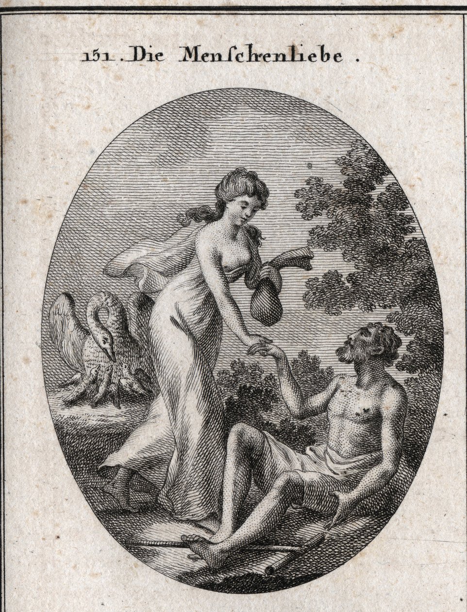 Allegorie der Philanthropie. Sie hält ein Stipendium und kommt, um einem armen Mann zu helfen, dem sie die Hand reicht. Ihr Attribut ist ein Pelikan, der seine Brust öffnet, um seine Jungen zu füttern. Gravur in „Iconologie oder Ideen aus dem Gebiete der L von Austrian School