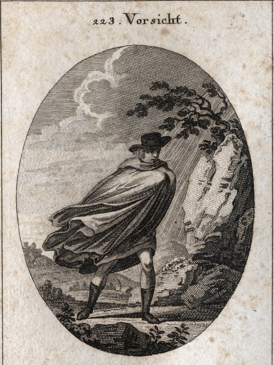 Allegorie der Vorsehung. Ausdruck: Wenn das Wetter schön ist, nimm deinen Mantel, wenn es regnet, nimm ihn, wenn du willst. Gravur in „Iconologie oder Ideen aus dem Gebiete der Leidenschaften und Allegorien bildlich dargestellt für Zeichner, Maler, Dichter von Austrian School