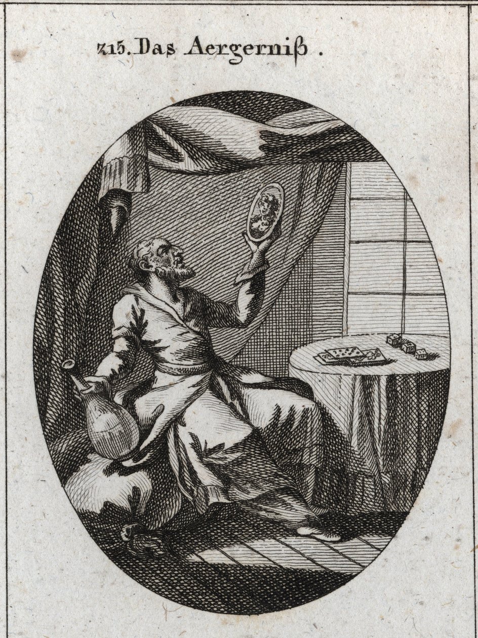 Allegorie des Skandals. Er hält in einer Hand eine Flasche und in der anderen ein Porträt einer jungen Frau und steht in der Nähe eines Tisches, auf dem Spielkarten und Spiele liegen. Gravur in „Iconologie oder Ideen aus dem Gebiete der Leidenschaften und  von Austrian School