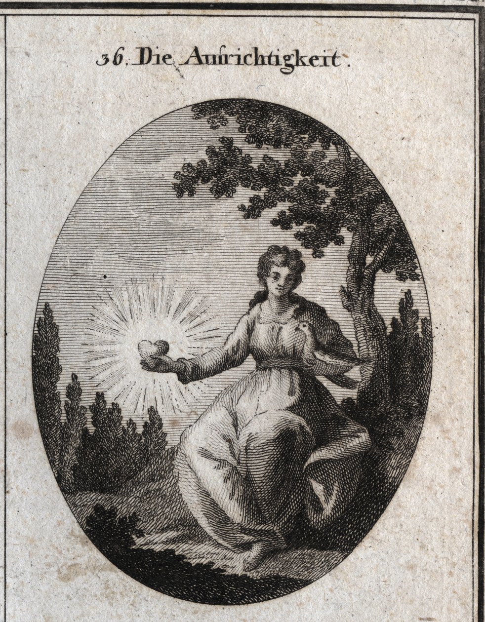 Allegorie der Aufrichtigkeit, die eine Taube an ihre Brust hält und ein strahlendes Herz präsentiert. Gravur in „Iconologie oder Ideen aus dem Gebiete der Leidenschaften und Allegorien bildlich dargestellt für Zeichner, Maler, Dichter, Gelehrte, Erzieher u von Austrian School