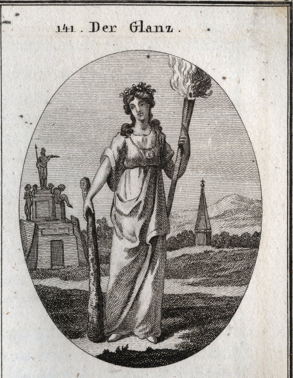Allegorie der Pracht. Der Knüppel, auf den sie sich stützt, ist das Symbol der Tugenden. Die Kette und die Goldmedaille sind die Belohnung. Die Fackel des Lichts ist das Licht für schöne Taten. Gravur in „Iconologie oder Ideen aus dem Gebiete der Leidensch von Austrian School