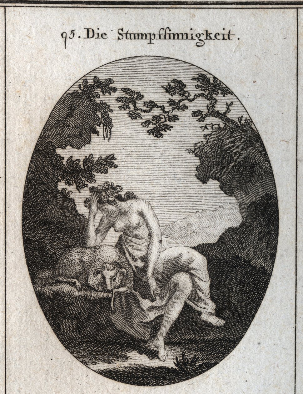 Allegorie der Dummheit. Sie lehnt sich an ein Schaf, ein von Natur aus dummes Tier. Gravur in „Iconologie oder Ideen aus dem Gebiete der Leidenschaften und Allegorien bildlich dargestellt für Zeichner, Maler, Dichter, Gelehrte, Erzieher und Freunde Höherer von Austrian School