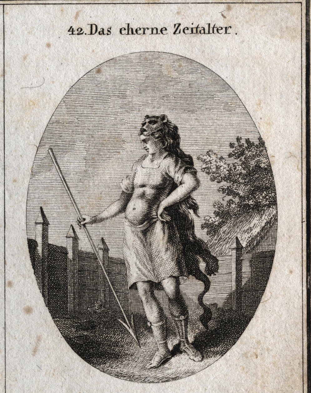 Allegorie des Kupferzeitalters, dargestellt als Wächter in stolzer Haltung nahe einem Zaun, bewaffnet mit einem Brustpanzer und einem Speer und einer Löwenhautkappe. Gravur in „Iconologie oder Ideen aus dem Gebiete der Leidenschaften und Allegorien bildlic von Austrian School