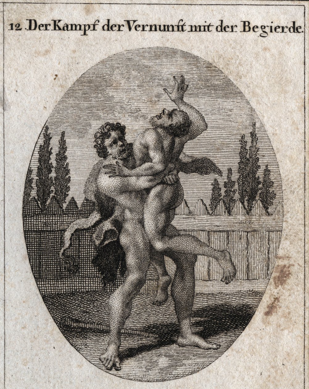 Allegorie des Kampfes zwischen Vernunft und Appetit. Der irdische und fleischliche Appetit wird durch Ante dargestellt und Herkules (Herakles) symbolisiert Vernunft, Stärke und Mut, die Ante wegnehmen und ersticken. Gravur in „Iconologie oder Ideen aus dem von Austrian School