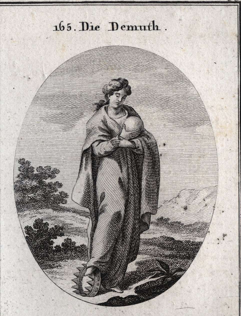 Allegorie der Demut. Unter ihrem Fuß eine Krone aus Gold, bereichert mit Edelsteinen. Sie verachtet eine Kugel, die die Erde darstellt, deren Größe sie nicht beeindruckt. von Austrian School