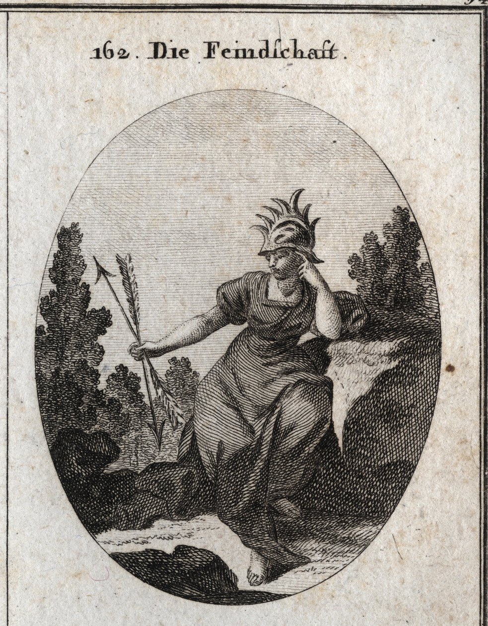Allegorie der Feindschaft mit einem Helm, der mit Eisenspitzen besetzt ist. Ihr Kleid ist mit Flammen übersät. Die beiden Pfeile, die sie in entgegengesetzte Richtungen hält, sind Synonyme für Widerspruch. Gravur in „Iconologie oder Ideen aus dem Gebiete d von Austrian School