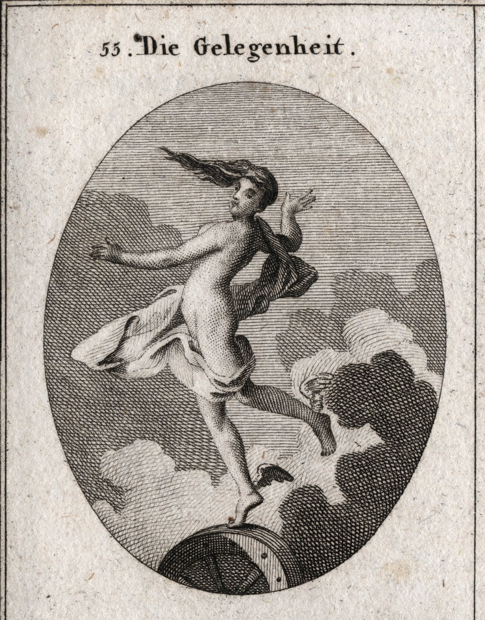 Allegorie der Gelegenheit. Mit Flügeln an den Füßen und nach vorne gerichtetem Haar ruht sie leicht auf einem Rad. Gravur in „Iconologie oder Ideen aus dem Gebiete der Leidenschaften und Allegorien bildlich dargestellt für Zeichner, Maler, Dichter, Gelehrt von Austrian School