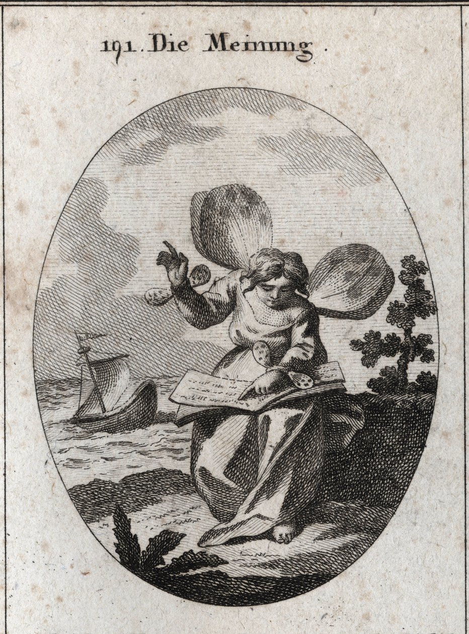Allegorie der Meinung, dargestellt beim Lesen eines Buches, aus dem sie zu unterstützen scheint. Schmetterlingsflügel an den Schultern und Handgelenken markieren die Instabilität der Menschen in ihren Meinungen. Im Hintergrund wird ein Schiff von den Welle von Austrian School